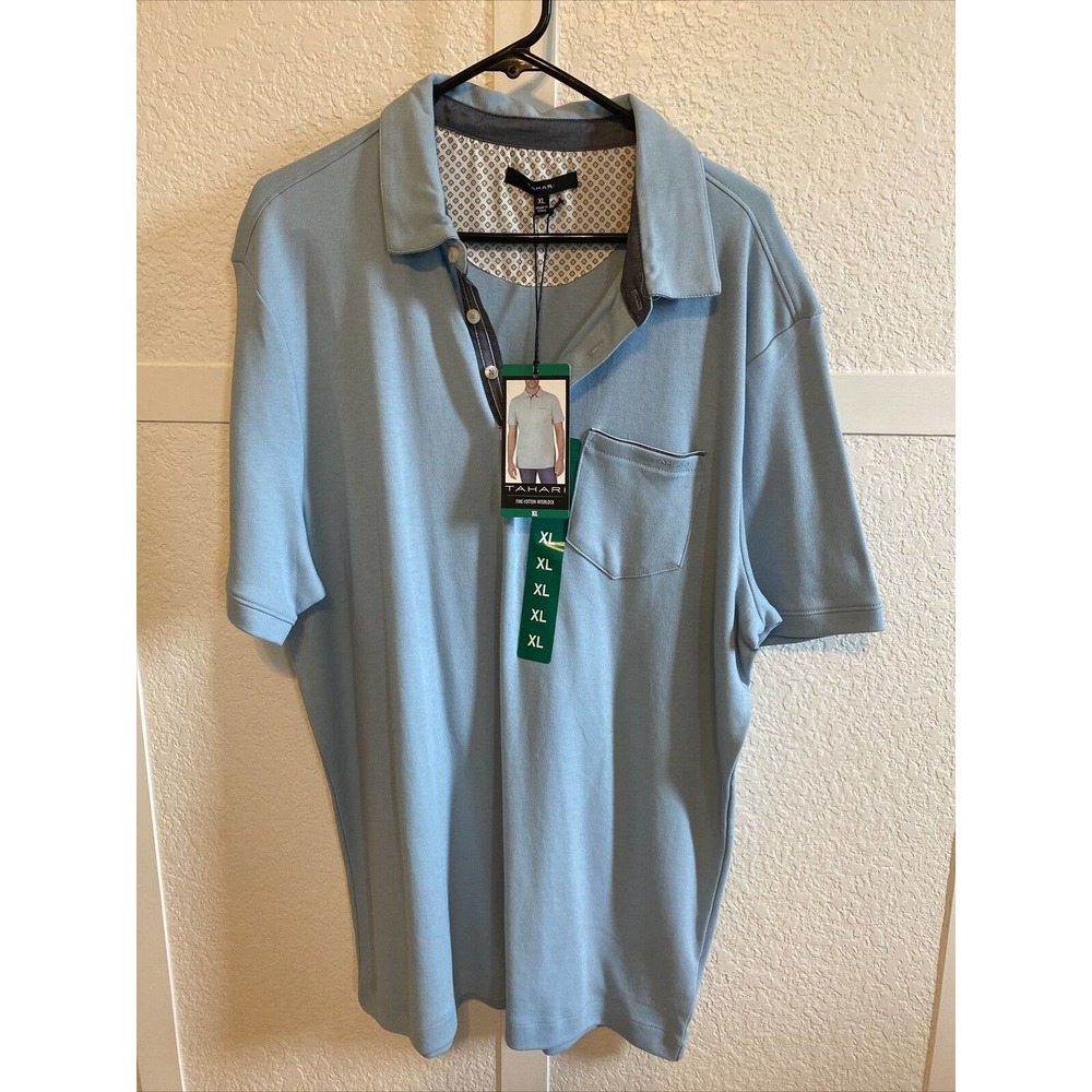 Tahari Mens Fine Cotton Interlock Short Sleeve Polo Shirt W/Pocket Light Blue XL